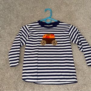 Navy and White Striped Kids Long Sleeve Shirt with Pumpkin Wagon Design